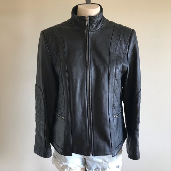 VINTAGE Pamela McCoy genuine black leather biker jacket size MP - Picture 15 of 16